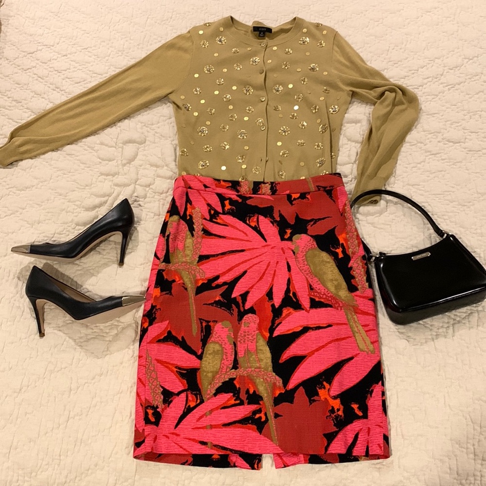 J. Crew No. 2 Pencil Skirt Palm Print Grass Cloth, lined, like new, Size 4